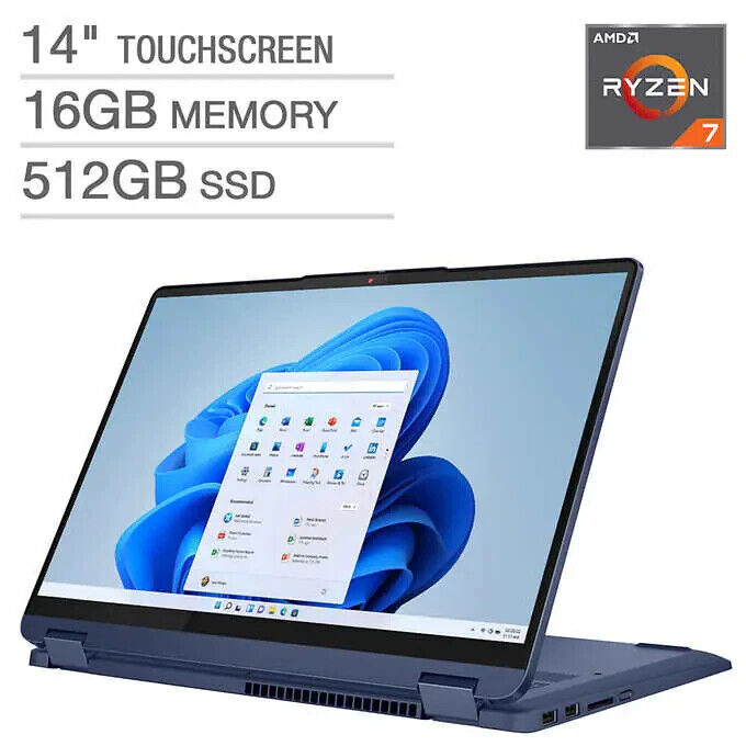 Lenovo FLEX 5 14ABR8 2-IN-1 AMD Ryzen™ 7 7730U 512GB SSD 16GB 14" (1920x1200) TOUCHSCREEN IPS WIN11 ABYSS BLUE Backlit Keyboard FP Reader